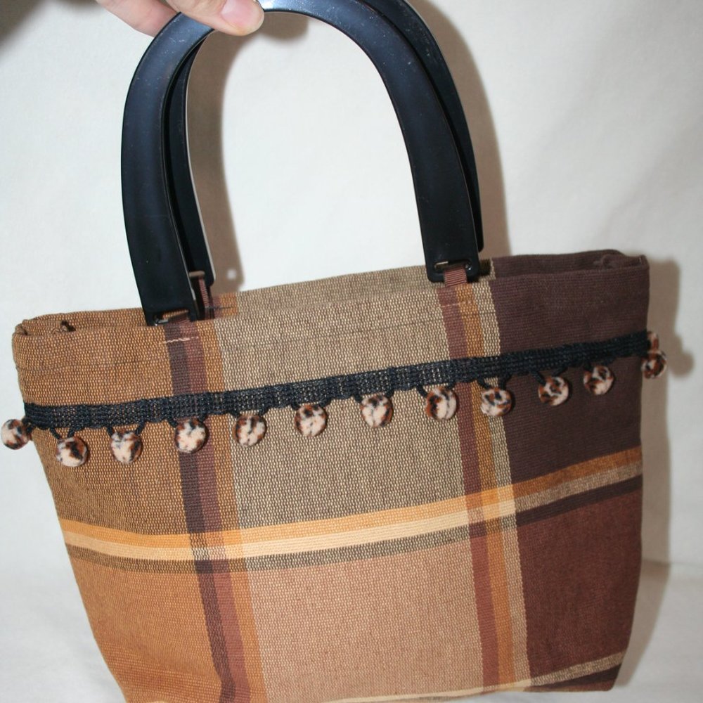 NWOT FALL FESTIVAL CHIC PURSE AUTUMN PLAID POM POM CANVAS CASUAL SMALL TOTE BAG